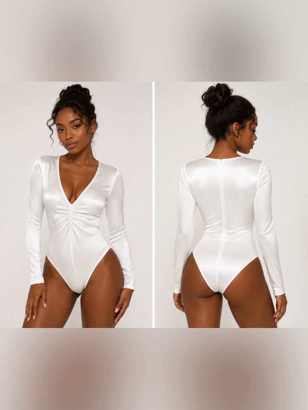 Zara White Long-Sleeve V-Neck Ruched Bodysuit